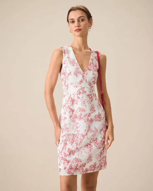 Floral maxi dresses -Women's Red V-Neck Sleeveless Floral Mini Dress