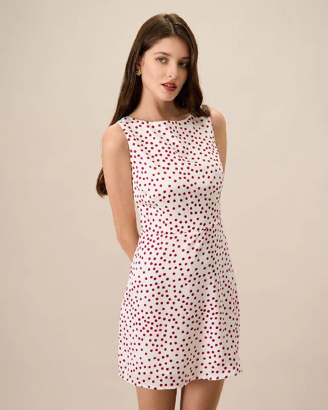 Classic dresses for women -Women's White Boat Neck Polka Dot Mini Dress