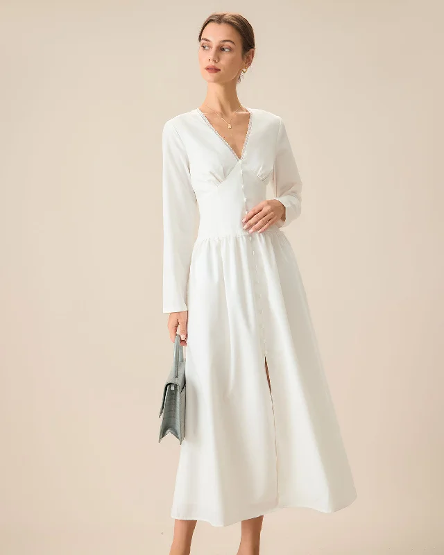 Dresses with tie waist -White Ruched Button Maxi Dress