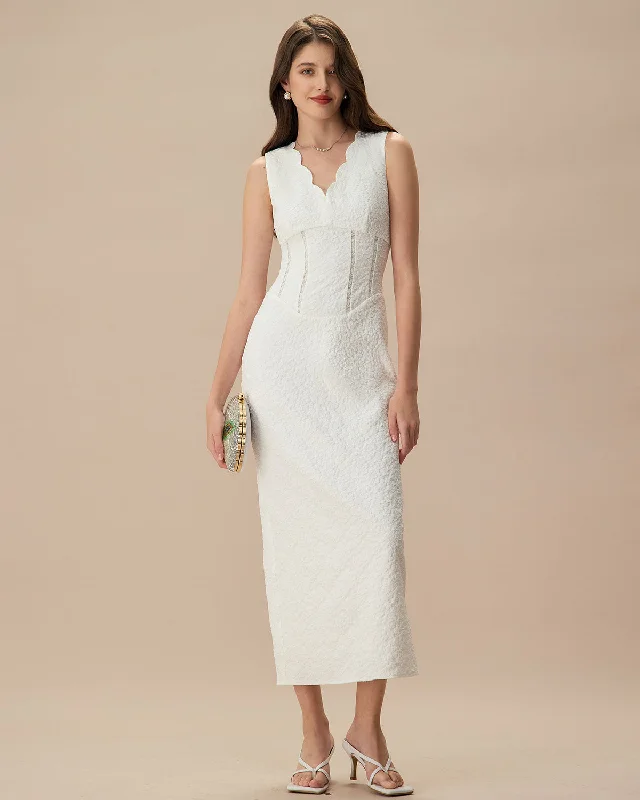 Dresses for elegant brunches -Women's White V-Neck Jacquard Maxi Dress