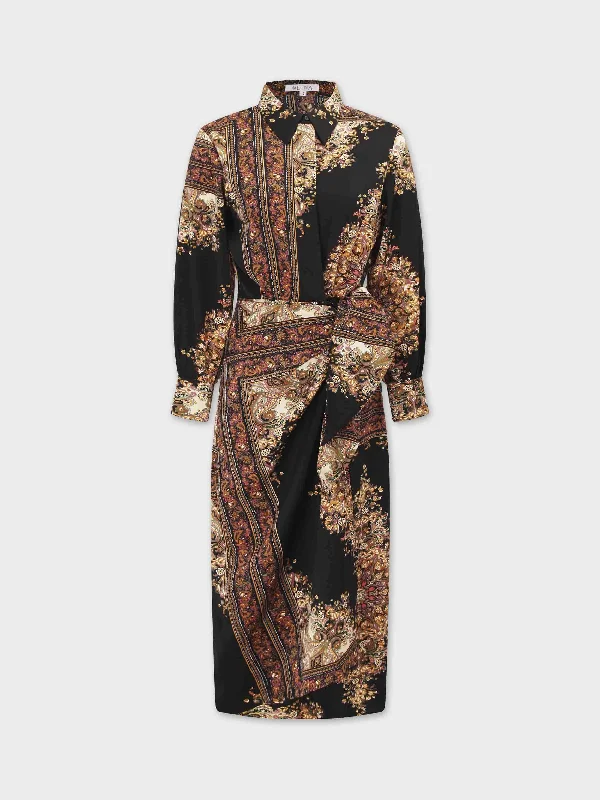 Long dresses with stylish sleeves -Wrap Shirtdress-Gold Paisley