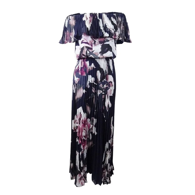 Dresses with ruffled skirts -Xscape Women's Off-The-Shoulder Printed Chiffon Gown (2, Navy/Pink)