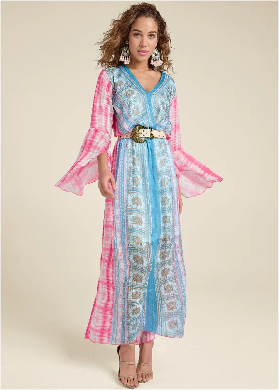 Off-the-shoulder dress styles -Printed Maxi Dress - Pink Multi