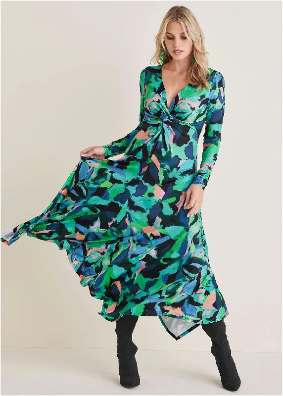 Party dresses for plus size -Plunge Twist Maxi Dress - Brushed Petals