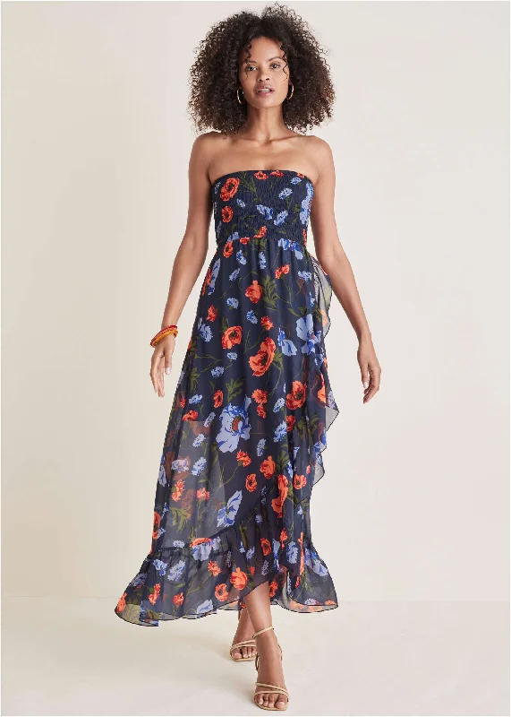 Dress for family events -Strapless Smocked Maxi - Forest Floral Iris