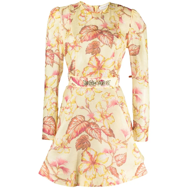 Dresses for beachside events -Zimmermann Matchmaker Floral Mini Dress Yellow Hibiscus